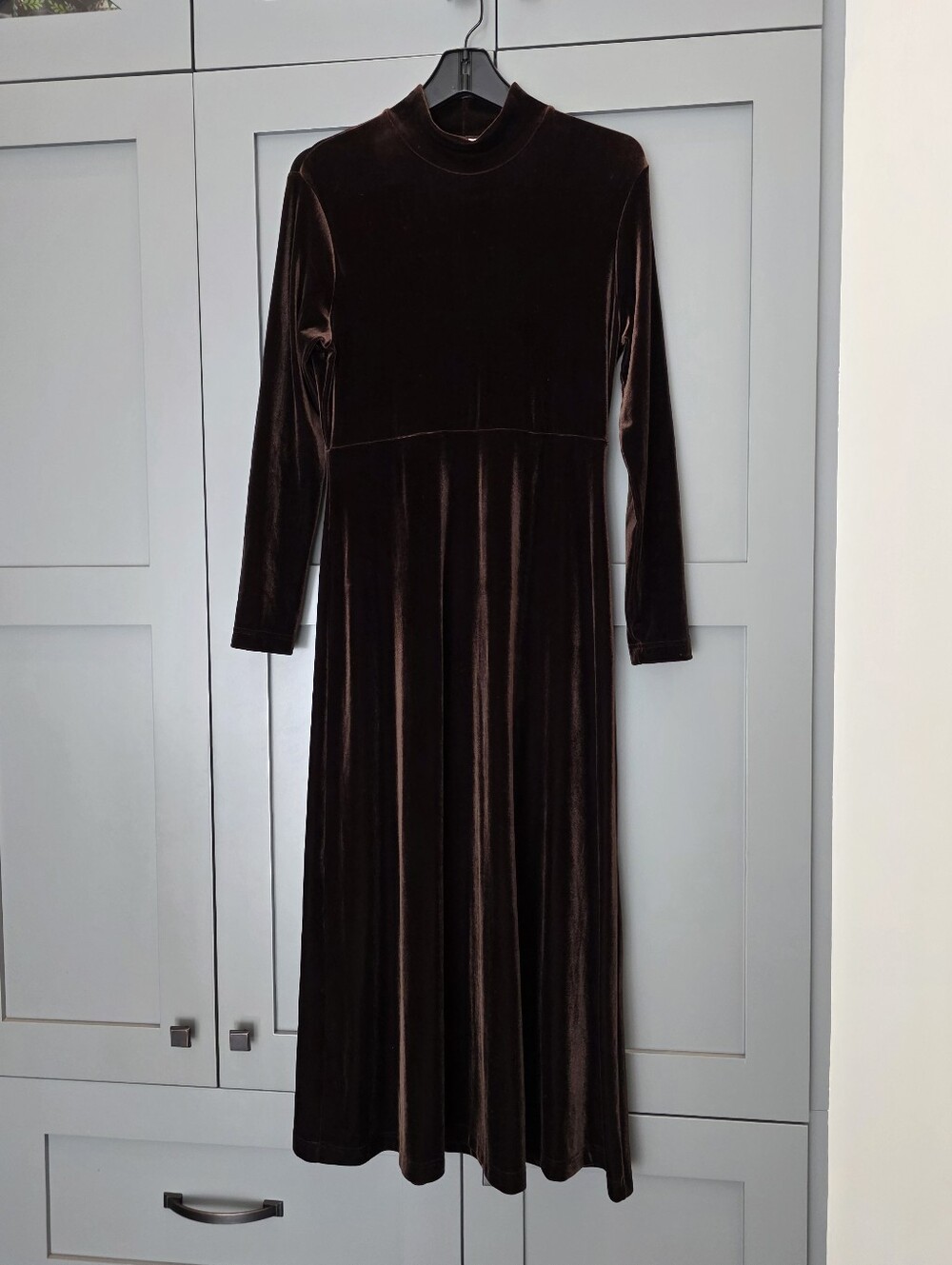 Vintage Maggy London Chocolate Brown Velvet Maxi Dress Mock Neck Whimsigoth Boho